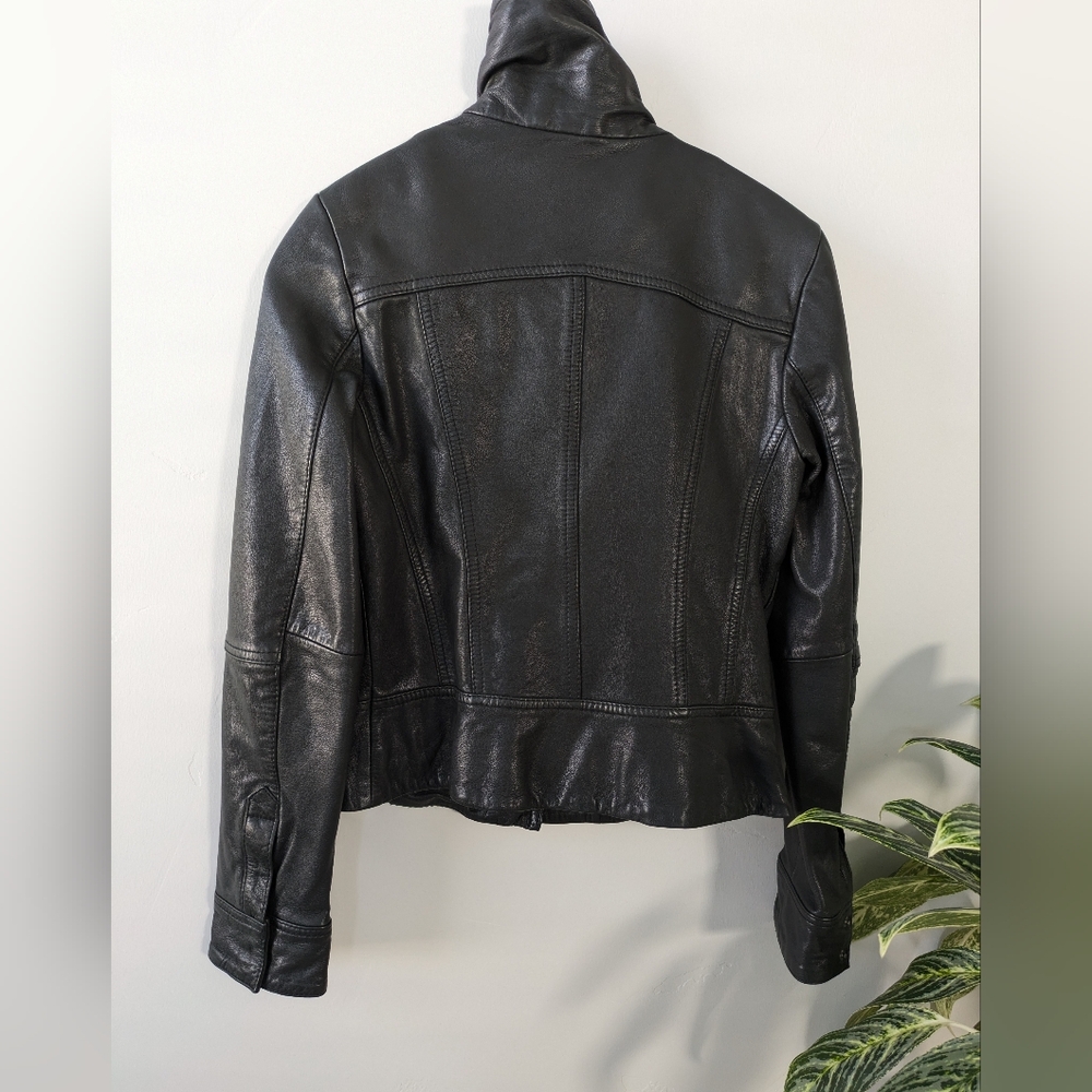 All Saints Black Leather Jacket with Buckle Collar - Picture 5 of 12